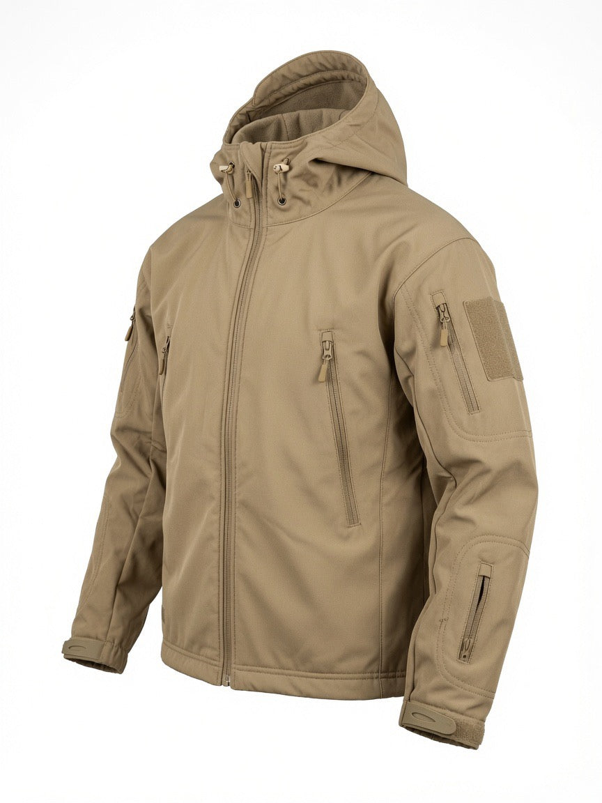 Claystoke tactical hooded jacket by Clay Stoke, featuring a durable fabric, adjustable hood, and multiple pockets for outdoor activities.