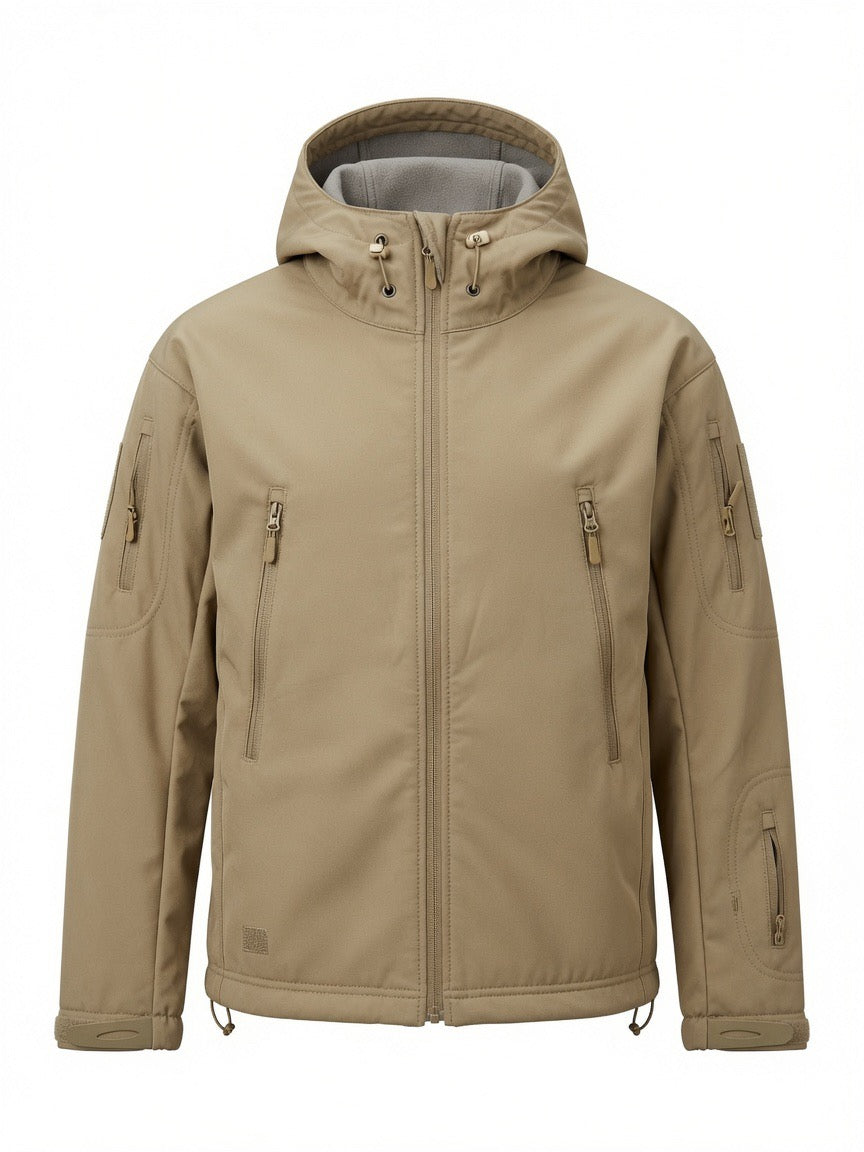 Claystoke Tactical Hooded Jacket by Clay Stoke, black jacket with adjustable hood and multiple pockets, designed for outdoor and tactical use.