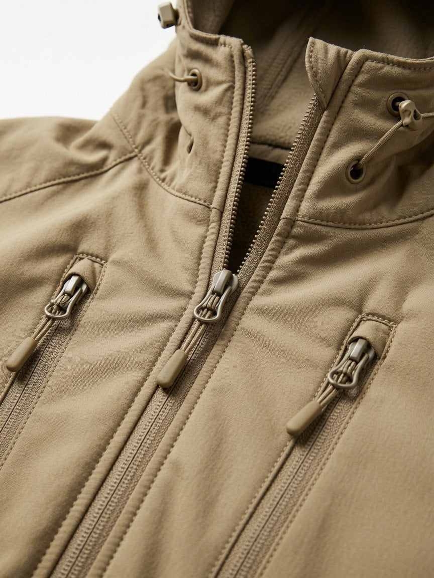 Claystoke Tactical Hooded Jacket by Clay Stoke, front view showing durable fabric, adjustable hood, and tactical design features.